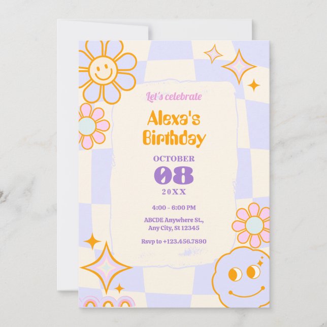 Invitación Pastel Colors Retro Groovy cumpleaños (Anverso)