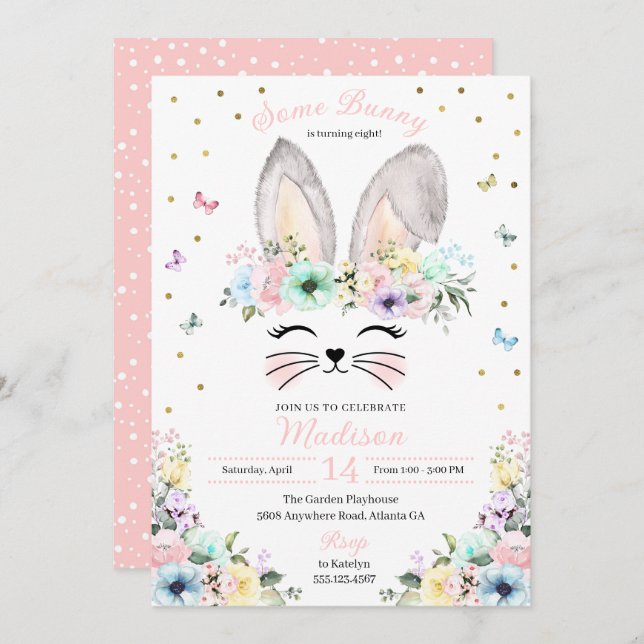 Invitación Pastel Conejo Arcoiris Oídos Flor Cumpleaños (Anverso / Reverso)