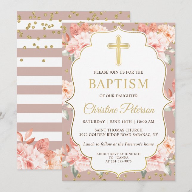 Invitación Pastel Coral Floral Chica Baptismo (Anverso / Reverso)