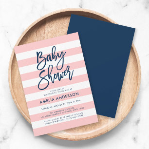 Invitación Pastel Coral Rosa Rayas Blancas Azul Baby Shower