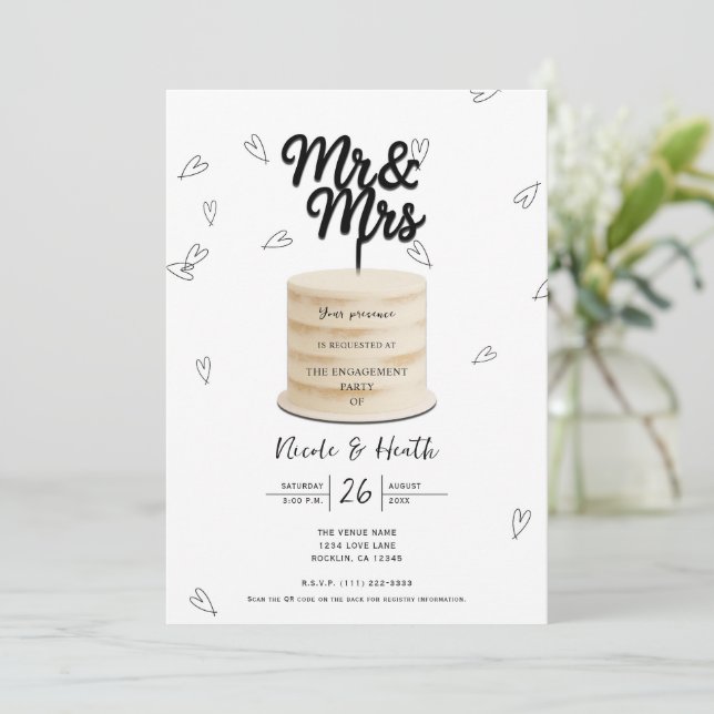 Invitación Pastel & Corazones Señor & Señora Compromiso Blanc (Anverso de pie)