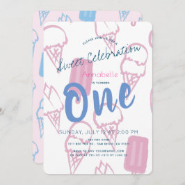 Invitación Pastel Crema de Hielo Rosa Chica Primer Cumpleaños