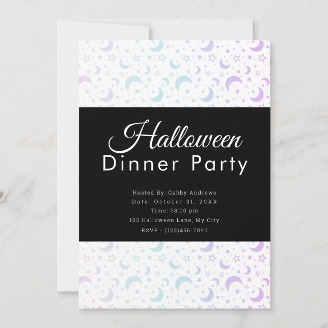 Invitación Pastel Crescent Moons Stars Halloween Dinner Fiest (Anverso)