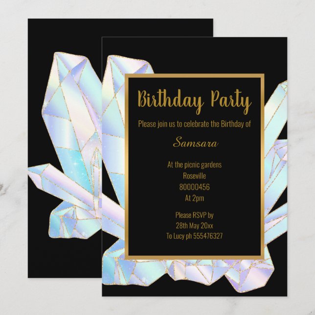 INVITACIÓN PASTEL CRYSTAL PARTY BLACK GOLD (Anverso / Reverso)