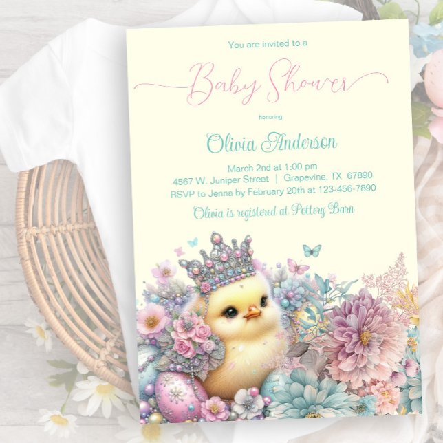 Invitación Pastel Cumpleaños de Pascua de Pollito (Sweet little chick with pretty eggs, butterflies and flowers. Instant download and printed available)