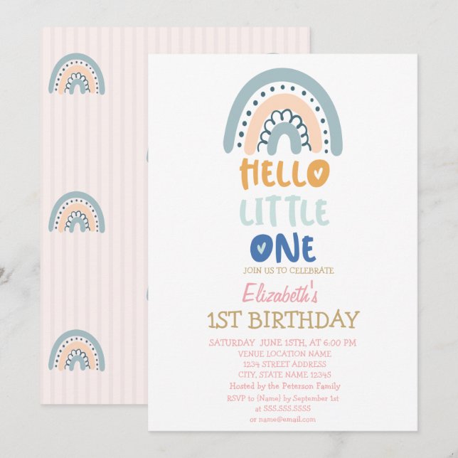 Invitación Pastel Cumpleaños Hola Pequeñito Rayas Arcoíris (Anverso / Reverso)