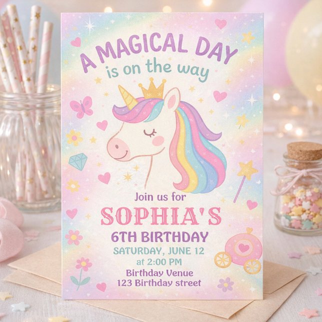Invitación Pastel Cumpleaños Mágico Unicornio Arcoíris (Unicorn Party Invitation for Girl with Pastel Stars Hearts and Crown)