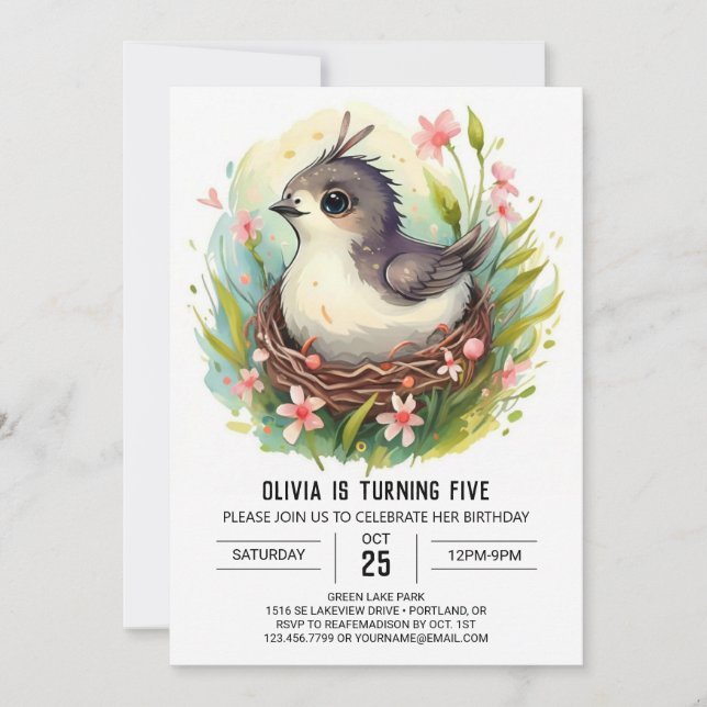 Invitación Pastel Cute Bird Cumpleaños (Anverso)