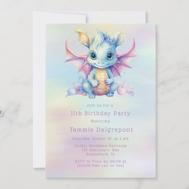 Invitación Pastel Cute Dragon Chica fiesta de cumpleaños (Anverso)