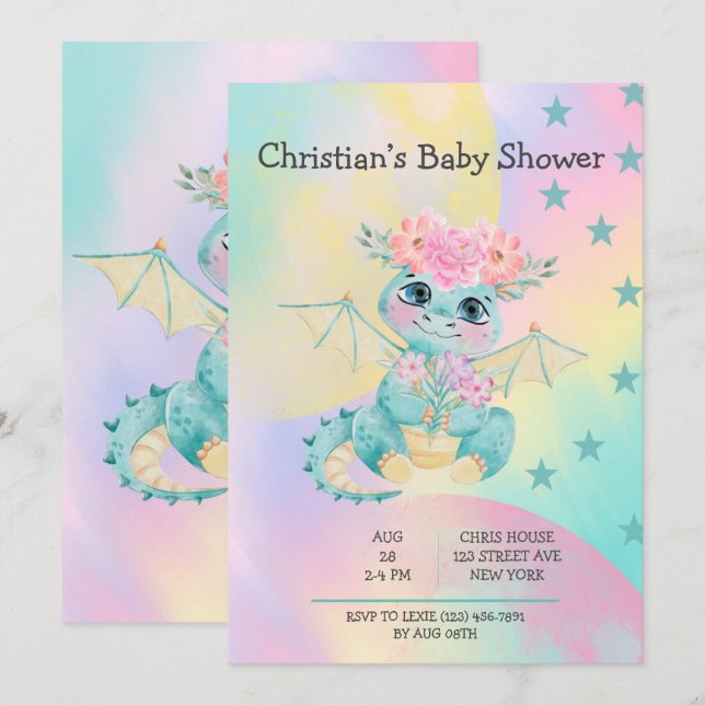 Invitación Pastel Cute Dragon Verde azulado Chica Baby Shower (Anverso / Reverso)
