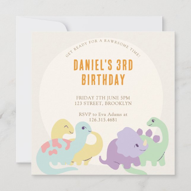 Invitación Pastel Cute Ilustrado Dinosaurios Niños Cumpleaños (Anverso)