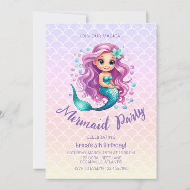 Invitación Pastel Cute Mermaid Scales Acuarela Cumpleaños (Anverso)