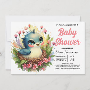 Invitación Pastel Cute Pink Bird Baby Shower