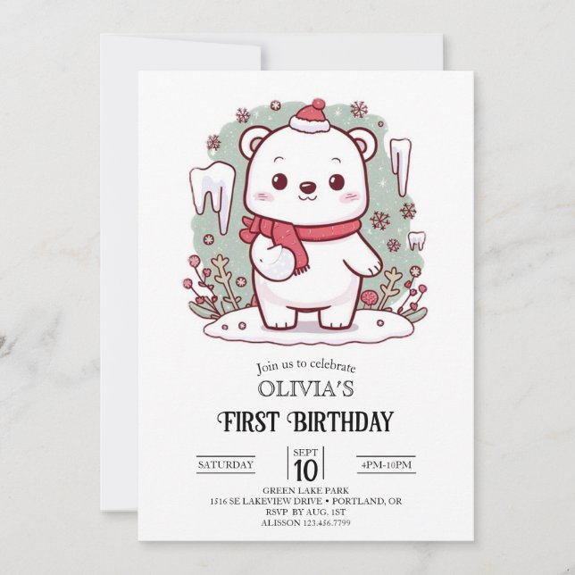 Invitación Pastel Cute Polar Oso 1er cumpleaños Digital (Anverso)