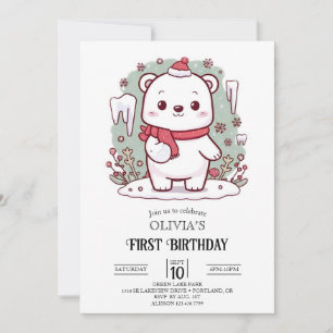 Invitación Pastel Cute Polar Oso 1er cumpleaños Digital