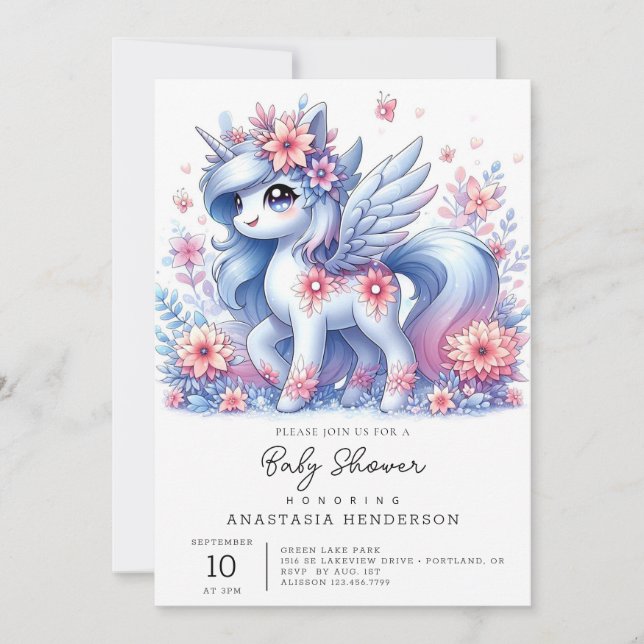 Invitación Pastel Cute Unicorn Baby Shower (Anverso)