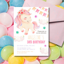 Invitación Pastel Cute Unicorn Bandera de Bunting Chica Cumpl