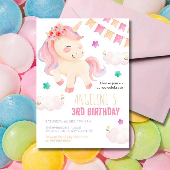 Invitación Pastel Cute Unicorn Bandera de Bunting Chica Cumpl (Subido por el creador)