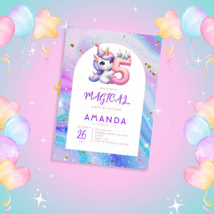 Invitación Pastel Cute Unicorn Chica 5 cumpleaños