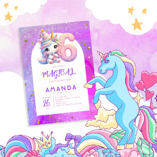 Invitación Pastel Cute Unicorn Chica 6 cumpleaños