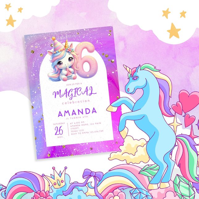 Invitación Pastel Cute Unicorn Chica 6 cumpleaños (Subido por el creador)