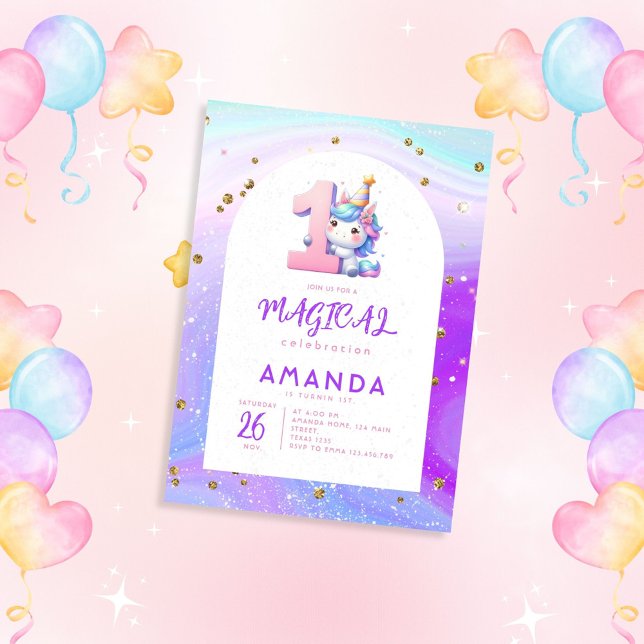 Invitación Pastel Cute Unicorn Chica primer cumpleaños (Subido por el creador)