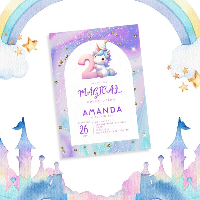 Invitación Pastel Cute Unicorn Chica segundo cumpleaños (Subido por el creador)