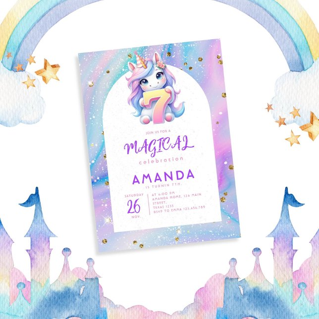 Invitación Pastel Cute Unicorn Chica sétimo cumpleaños (Subido por el creador)