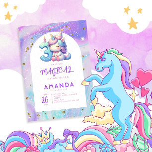Invitación Pastel Cute Unicorn Chica tercer cumpleaños