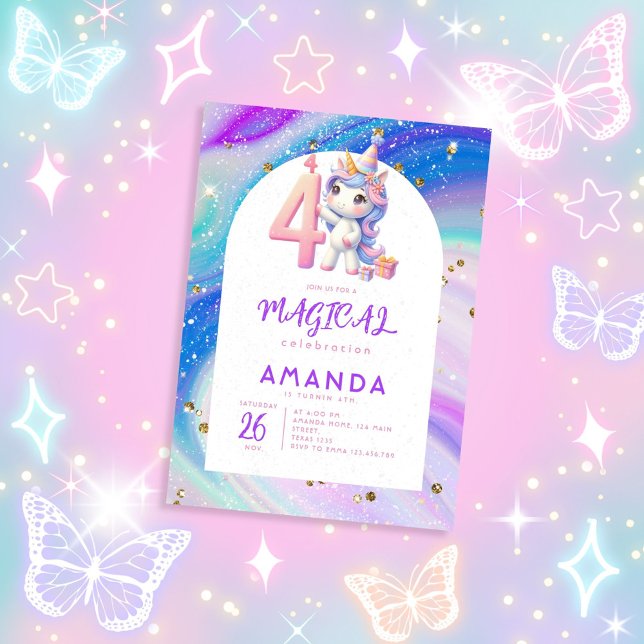 Invitación Pastel Cute Unicornio Chica 4º cumpleaños (Subido por el creador)