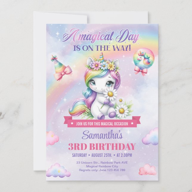 Invitación Pastel Cute unicornio con flores tercer cumpleaños (Anverso)