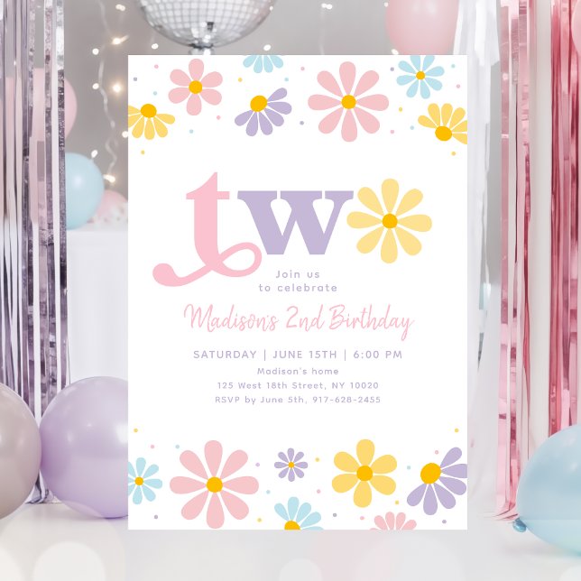 Invitación Pastel Daisy Boho Segundo Cumpleaños (Subido por el creador)