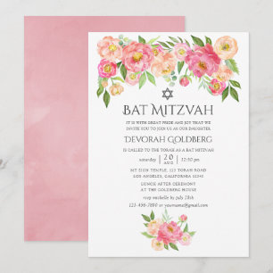 Invitación Pastel de Acuarela Peonías Bat Mitzvah
