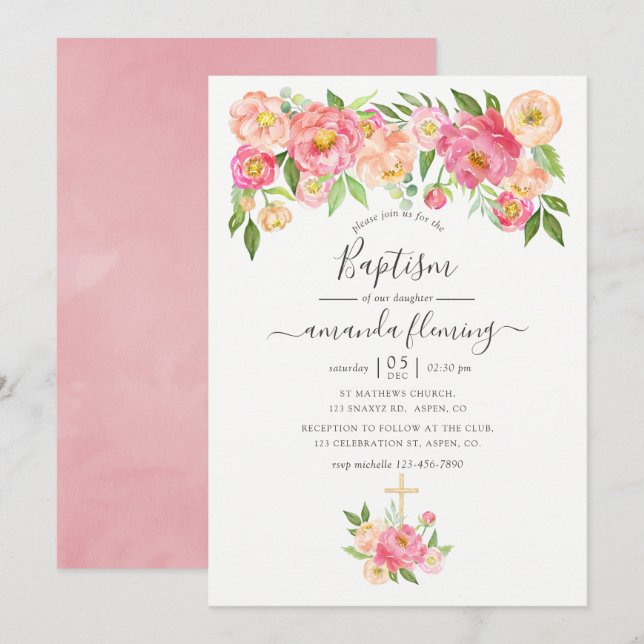 Invitación Pastel de acuarela rosa Peonies Bautismo (Anverso / Reverso)