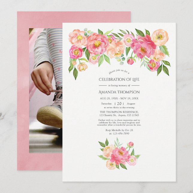 Invitación Pastel de acuarela rosada Peonies Celebración de l (Anverso / Reverso)