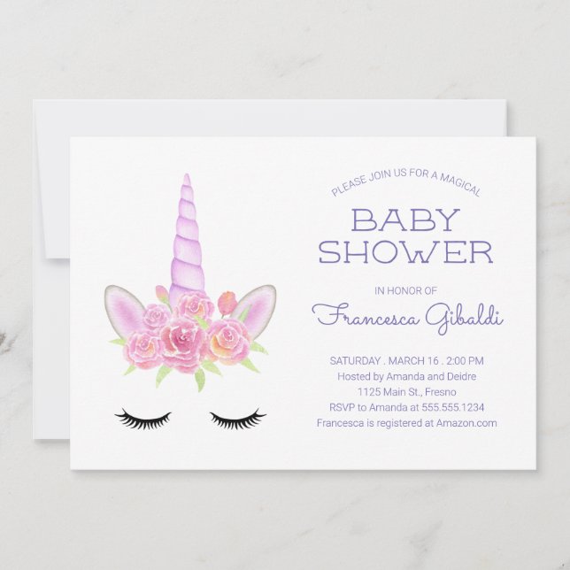 Invitación Pastel de agua Unicornio y Baby Shower arcoiris (Anverso)
