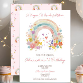 Invitación Pastel de arcoiris rosa Floral 1er cumpleaños