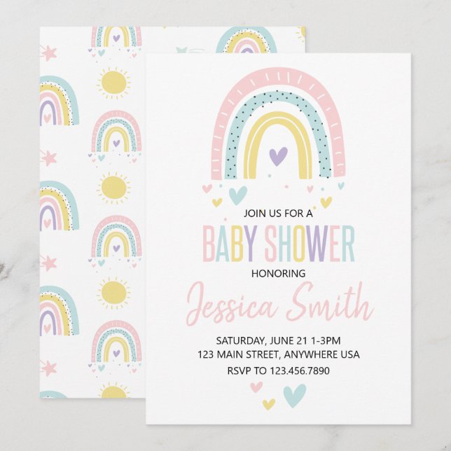 invitación pastel de arcoíris y corazones para bab (Anverso / Reverso)