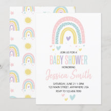 invitación pastel de arcoíris y corazones para bab