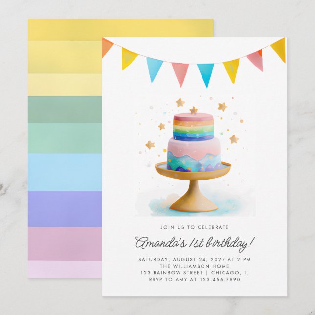 Invitación Pastel de arcoiris y fiesta de cumpleaños de estre (Anverso / Reverso)