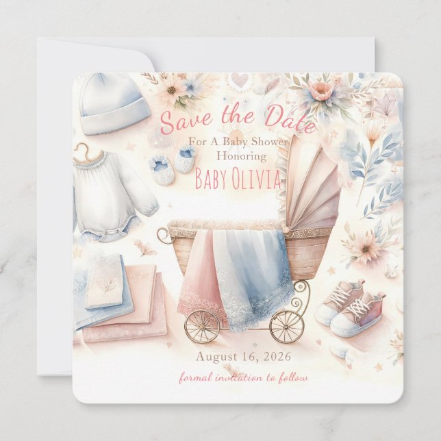 Invitación Pastel de Baby Shower Save The Date (Anverso)