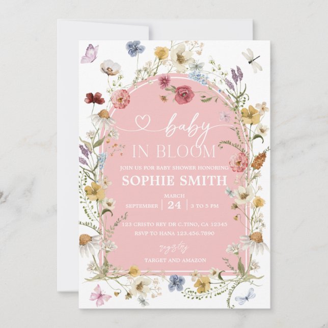 Invitación Pastel de bebé en el florecimiento de flores silve (Anverso)