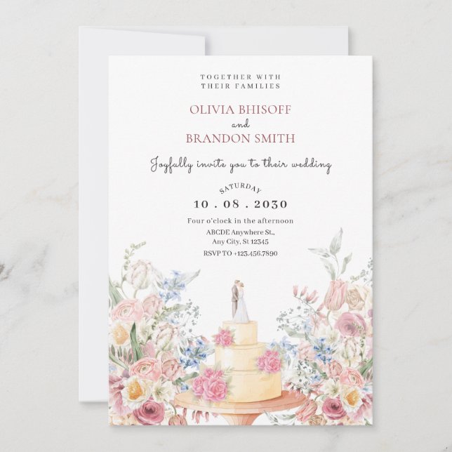 Invitación Pastel de boda floral (Anverso)