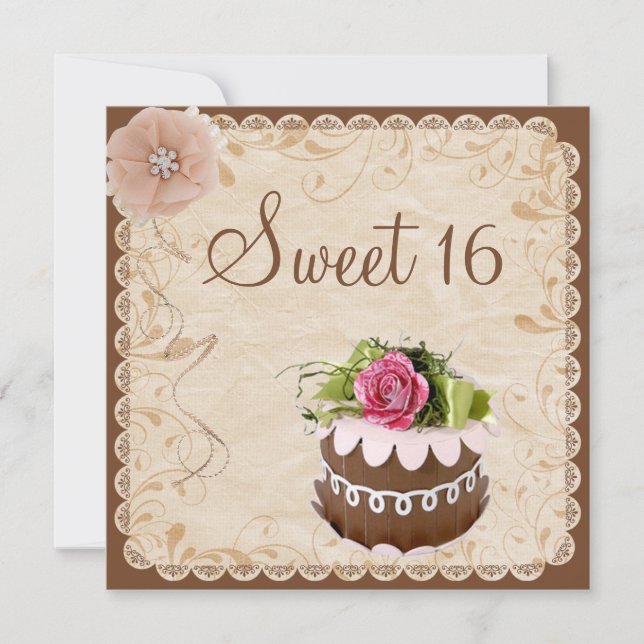 Invitación Pastel de chocolate de moda y Rosa de diamantes 16 (Anverso)