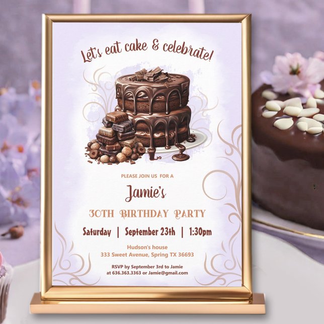 Invitación Pastel de chocolate Morado Morado 30 Fiesta de cum (Chocolate Cake Purple Brown 30th Birthday Party Invitation)