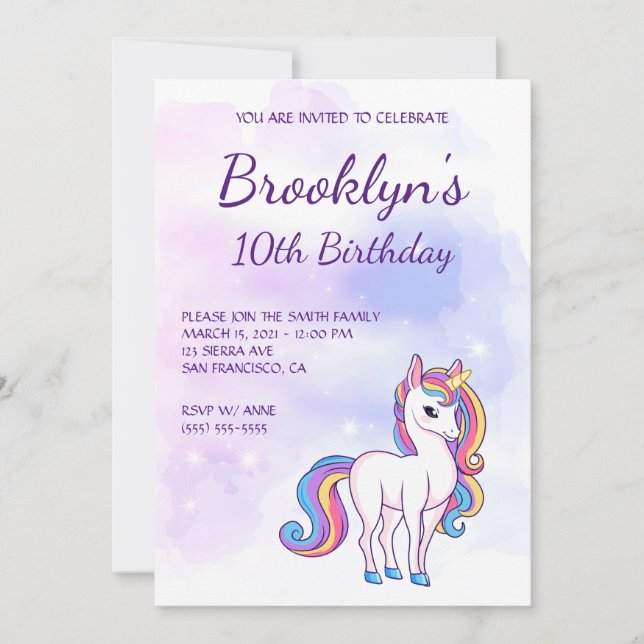 Invitación Pastel de Cielos Rosa Magnífico Unicornio Cumpleañ (Anverso)