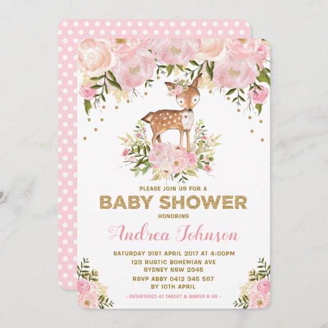 Invitación Pastel de ciervo rosa bebé niña ducha acuarela Peo (Anverso / Reverso)