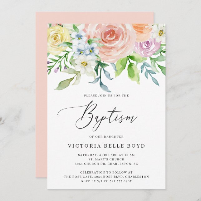 Invitación Pastel de Coral Floral Peach Baby Baptism (Anverso / Reverso)