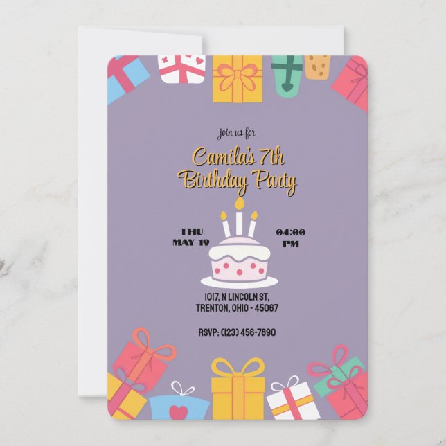 Invitación Pastel de cumpleaños colorido con regalos (Anverso)