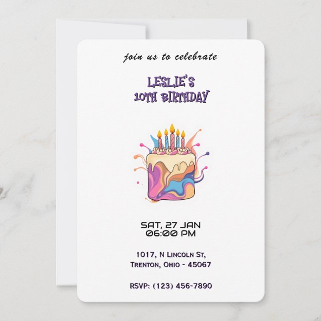 Invitación Pastel de cumpleaños colorido y abstracto con vela (Anverso)